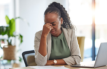 Image showing Crisis, stress and black woman with problem in office, sick or headache from brain fog. Frustrated, fatigue and African professional with business fail, mistake emoji or debt, bankruptcy or tax audit