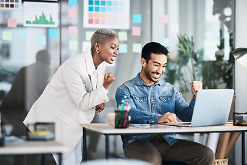 Image showing Excited, laptop or professional people celebrate news, online SEO achievement or design agency success. Web designer, winner or diversity team announcement, notification or winning celebration cheers