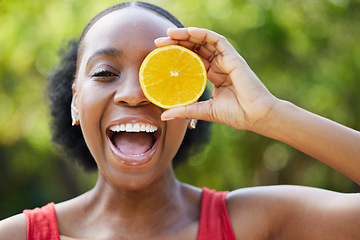 Image showing Happy black woman, face and orange for vitamin C, natural nutrition or citrus diet in nature outdoors. Portrait of African female person smile with organic fruit in healthy eating or wellness in park