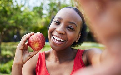 Image showing Apple, selfie and healthy black woman with a fruit on a farm with fresh produce in summer and smile for wellness. Happy, nutrition and young female person on an organic food diet for self care