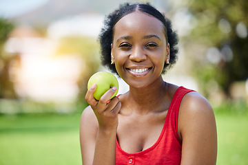 Image showing Apple, health and portrait of a black woman with a fruit on a farm with fresh produce in summer and smile for wellness. Happy, nutrition and young female person on an organic diet for self care