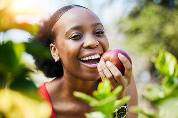 Image showing Apple, health and portrait of a black woman biting a fruit on a farm with fresh produce in summer and smile for wellness. Happy, nutrition and young female person on an organic diet for self care