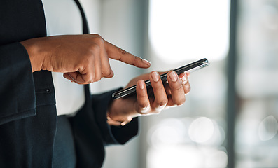 Image showing Closeup, employee or hands typing on a phone for social media chat, internet post or website notification. Searching, digital news blog or worker texting on online networking mobile app in office