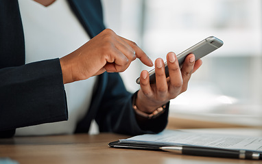 Image showing Closeup, trader or hands typing on a phone for social media chat, internet post or website notification. Searching, trading news blog or worker texting on online networking mobile app in office