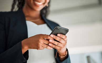 Image showing Closeup, worker or hands typing on a phone for social media content, internet post or website notification. Searching, digital news blog or woman texting on online networking mobile app in office