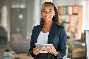 Image showing Portrait, lawyer and black woman with tablet, smile and happy in office workplace. African attorney, technology and face of professional, female advocate and legal advisor from Nigeria in law firm.