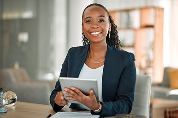 Image showing Lawyer, portrait and black woman with tablet in office for research, email and smile. African attorney, technology and face of happy professional, advocate and legal advisor from Nigeria in law firm.