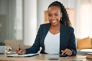 Image showing Writing, tablet and business woman in portrait for financial accounting, taxes management and audit report or checklist. Professional African person or accountant on clipboard and digital technology