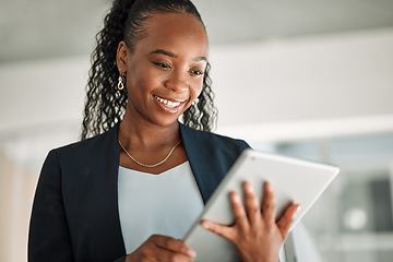 Image showing Lawyer, smile and black woman with tablet in office for legal research, online app and social media. African attorney, technology and happy professional reading business email, networking or internet