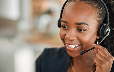 Image showing CRM, telemarketing and black woman with headphones, call center and telecom sales with help. Female person, consultant and agent with tech support, representative and customer service with network