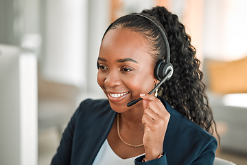 Image showing Headphones, telemarketing and black woman with a smile, call center or consultant with internet connection. Female person, tech support or agent with telecom sales, representative or customer service