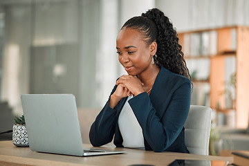 Image showing Laptop, thinking and office business woman or Human Resources employee for company ideas and solution. Reading, online review and professional HR worker or african person on computer for career email