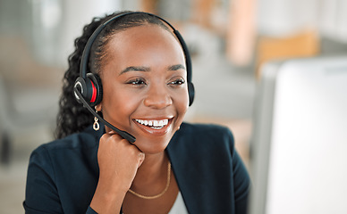 Image showing CRM, telemarketing or black woman with a smile, call center or internet connection with help. Female person, consultant or agent with telecom sales, representative or customer service with headphones