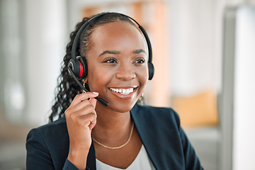 Image showing Business, telemarketing and black woman with a smile, call center and tech support with help. Female person, ecommerce and consultant with telecom sales, ideas and customer service with headphones