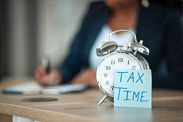 Image showing Taxes, time and business person writing for financial report, accounting paperwork and documents or checklist. Clipboard, application reminder and professional people with clipboard, notes and clock