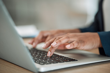 Image showing Hands, trader or woman typing on laptop working on email or research project on keyboard. Technology closeup, trading online or worker writing blog report, post or internet article review in office