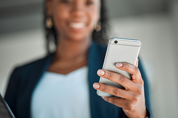 Image showing Phone, contact and woman accountant typing an email or online message on a mobile app, web or website connection. Finance, profit and corporate person writing a social media update for a company