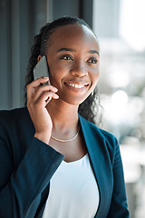Image showing Black woman, smile and phone call for business, communication and conversation. Smartphone, happy and African professional talking, listening and networking with contact to chat in corporate office.