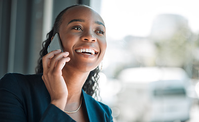 Image showing Black woman, funny and phone call for business, communication and conversation. Smartphone, happy and African professional talking, listening and laughing with contact to chat in corporate office.