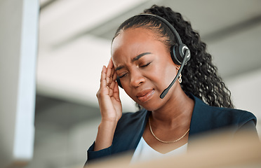 Image showing Call center stress, anxiety or black woman with headache pain due to burnout fatigue in a telecom office. Migraine, failure crisis or tired consultant depressed or frustrated by crm or sales deadline