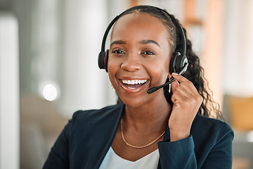 Image showing Portrait, telemarketing or black woman with a smile, customer service and internet connection with advice. Female person, face and consultant with telecom sales, agent and call center with headphones