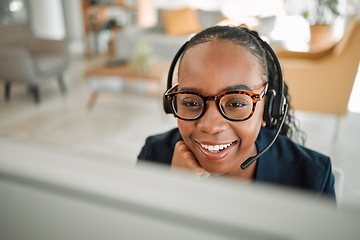 Image showing Remote work form home, call center and black woman with a smile, internet connection and help. Female person, consultant and agent with telecom sales, freelancer and customer service with headphones