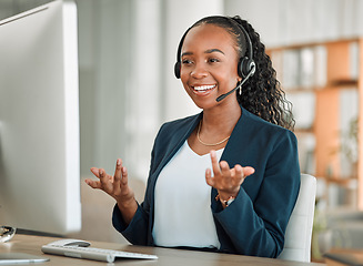 Image showing Computer, happy or black woman with headphones in call center for ecommerce or telemarketing advice. Customer service, virtual assistant or consultant with tech support headset for communication