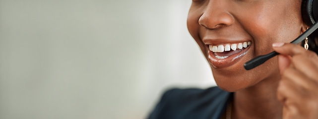 Image showing Call center, banner or mouth of happy woman in communication or talking at customer service. Closeup of smile, mockup space or friendly agent consulting on mic at telemarketing of technical support