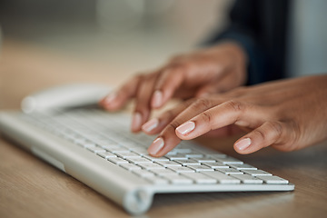 Image showing Hands, trader or woman typing on computer working on email or research project on keyboard. Keyboard closeup, tading online or worker writing blog report, email or internet article review in office