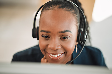 Image showing Headphones, telemarketing and black woman with a smile, online reading and internet connection with help. Female person, crm and happy consultant with telecom sales, customer service and tech support