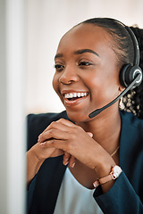 Image showing Smile, telemarketing or black woman with headphones, call center or internet connection with crm. Female person, consultant or agent with telecom sale, customer service or tech support with ecommerce