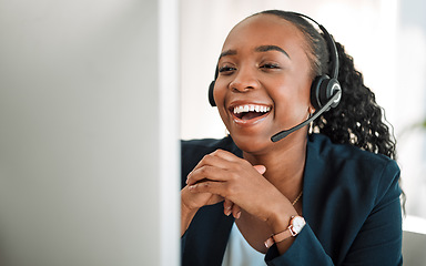 Image showing Funny, telemarketing and black woman with a smile, customer service and internet connection with help. Female person, humor and agent with telecom sales, tech support and call center with headphones