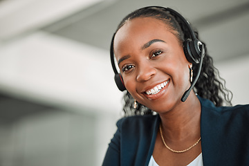 Image showing Portrait, telemarketing or black woman with a smile, call center or tech support with headphones. Female person, face or consultant with telecom sales, crm or customer service with help or consulting
