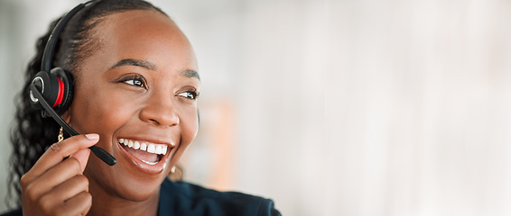 Image showing Thinking, telemarketing or black woman with a smile, customer service and internet connection with success. Female person, consultant or agent with telecom sales, achievement and call center with crm