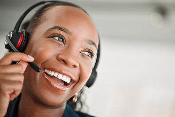 Image showing Thinking, call center and black woman with a smile, customer service and internet connection with telecom sales. Female person, consultant or agent with crm, decision or telemarketing with headphones