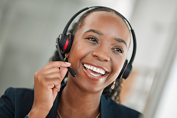 Image showing CRM, thinking and black woman with a smile, customer service and internet connection. Female person, consultant and agent with telecom sales, funny and telemarketing with headphones and tech support