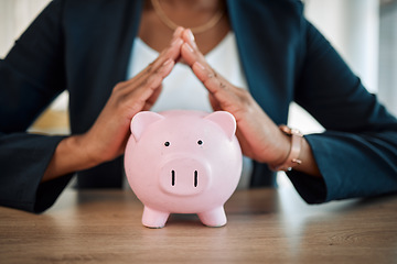 Image showing Piggy bank, home hands and woman for savings, investment and mortgage loan or money management. Business insurance, security and professional person or investor sign with budget for house cover