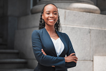 Image showing Arms crossed, attorney or portrait of happy black woman with smile or confidence working in a law firm. Confidence, empowerment or proud African lawyer with leadership or vision for legal agency