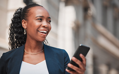 Image showing Business, black woman and cellphone is thinking in city for travel as lawyer for success. Pride, smile and professional person with tech for idea or online app with internet for communication.