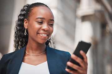 Image showing Smartphone, black woman typing with social media media and chat online, communication and technology. Internet connection, text message or email with closeup, female person and mobile app outdoor