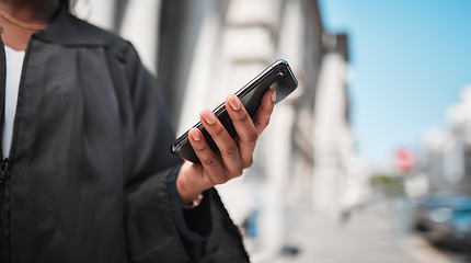 Image showing Hand, judge at court and phone to contact a lawyer, client or online communication of legal advice on mobile app. Justice, black woman and smartphone for research, information or consulting law