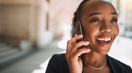 Image showing Happy black woman, phone call and city for conversation, communication or networking. Face of African female person smile and talking on smartphone for business discussion or advice in an urban town