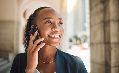 Image showing Happy black woman, phone call and city for communication, conversation or networking. Face of African female person smile and talking on smartphone for business discussion or advice in an urban town