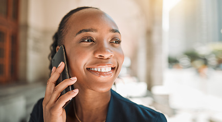 Image showing Happy black woman, phone call and city for networking, communication or conversation. Face of African female person smile and talking on smartphone for business discussion or advice in an urban town