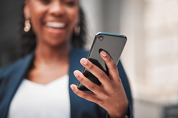 Image showing Smartphone in hand, woman scroll social media and chat online, communication and technology. Internet connection, search and text message, email with closeup, female person and mobile app outdoor