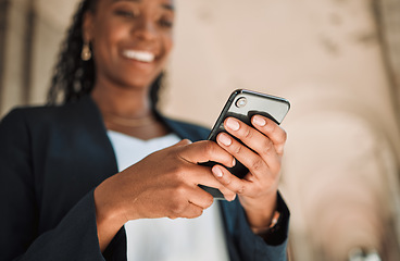 Image showing Smartphone, hands and woman typing, scroll social media and chat online, communication and technology. Internet connection, text message or email with closeup, female person and mobile app outdoor