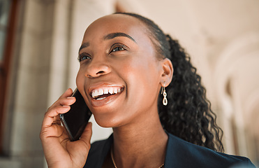 Image showing Happy black woman, phone call and laughing in city for conversation or communication. Face of African female person smile and talking on smartphone for business discussion or advice in an urban town