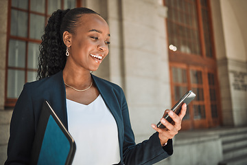 Image showing Judge, black woman or lawyer with phone to by court communication or legal services and advice. Happy, good news or African attorney typing on mobile app for research, information or consulting law