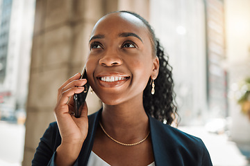 Image showing Happy black woman, phone call and city for discussion, communication or networking. Face of African female person smile and talking on smartphone for business conversation or advice in an urban town