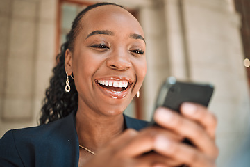 Image showing Phone, smile and a business black woman in the city, searching for location or typing a message. Mobile, commute and map with a young female employee looking for directions on a navigation app